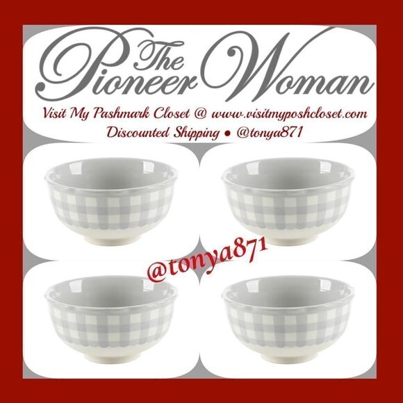 🦋 New Pioneer Woman Gray Gingham Soup Bowls, Set of 4 - Picture 1 of 5